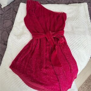 One-Shoulder Fuchsia Sparkle Dress with Waist Tie